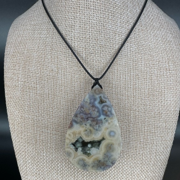 Large Ocean Jasper Teardrop Pendant Necklace on Thin Leather Rope - Picture 9 of 12